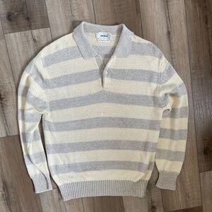 Bill Blass Button Collar Yellow/Grey Strip Long Sleeve Sweater| Lg